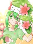 1girl :d aimi_(aimia492) artist_name bangle blush bracelet character_hat closed_mouth commentary_request eyelashes facial_tattoo female_protagonist_(pokemon_go) flower flower_(symbol) flower_tattoo green_eyes green_hair green_shirt green_t-shirt hair_between_eyes hat jewelry looking_at_viewer on_shoulder open_mouth pink_flower pokemon pokemon_(creature) pokemon_(game) pokemon_go pokemon_on_shoulder print_shirt shaymin shaymin_(land) shirt short_hair short_sleeves sidelocks simple_background smile split_mouth t-shirt tattoo twitter_username upper_body white_background yellow_background