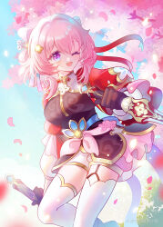  1girl ;o absurdres black_dress black_gloves blue_sky breasts cherry_blossoms chinese_commentary commentary_request dress gloves hair_ornament highres holding holding_sword holding_weapon honkai:_star_rail honkai_(series) large_breasts march_7th_(honkai:_star_rail) march_7th_(hunt)_(honkai:_star_rail) medium_hair miyoushe_watermark multicolored_eyes one_eye_closed outdoors pink_hair sky solo sword tantiao_xiaotong thigh-highs thighs two-tone_eyes watermark weapon white_thighhighs 