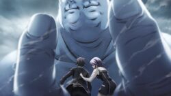  1girl 2boys belt black_hair black_jacket black_pants blazer blue_hair breasts chaos;child clouds day dress_shirt dress_vest fat fat_man from_behind game_cg giant glasses hekiho_academy_school_uniform highres jacket kazuki_hana large_breasts leaning_forward miniskirt miyashiro_takuru multiple_boys no_jacket non-web_source official_art opaque_glasses outdoors pants pulling_another&#039;s_clothes red-framed_eyewear sailor_collar sailor_shirt sasaki_mutsumi school_uniform science_adventure shirt skirt sky sumo sumo_sticker_(chaos;child) white_belt white_sailor_collar white_shirt 