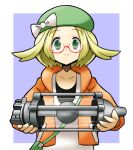  1girl bag bianca_(pokemon) blonde_hair bow collarbone glasses godzilla_(series) green_bag green_eyes green_headwear handbag hat hat_bow holding jacket long_sleeves looking_at_viewer open_clothes open_jacket orange_jacket oxygen_destroyer pokemon pokemon_(game) pokemon_bw2 rascal red-framed_eyewear semi-rimless_eyewear short_hair smile solo split_mouth straight-on under-rim_eyewear white_bow 