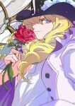  1boy absurdres artist_name blonde_hair blue_eyes cavendish closed_mouth coat commentary flower hair_over_one_eye hat hat_feather high_collar highres holding holding_flower long_hair male_focus mygiorni one_eye_covered one_piece red_flower red_rose rose smile solo 