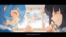  2girls ^_^ absurdres aqua_hair black_hair blue_dress blue_nails camera cirno closed_eyes closed_mouth clothes_pin collared_shirt commentary daiyousei dress english_commentary english_text grin hakurei_reimu highres holding holding_camera hong_meiling hyoutan_tan inaba_tewi letterboxed luna_child multiple_girls murasa_minamitsu photo_(object) pointing second-party_source shameimaru_aya shirt short_hair smile star_sapphire sunny_milk touhou white_shirt 