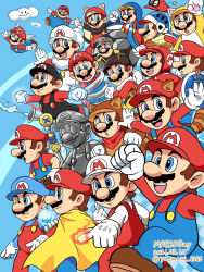 1boy balloon_mario bee_mario black_hat black_overalls blue_eyes blue_hat blue_overalls blue_shirt blue_sky boomerang_mario brown_hair cape cape_mario cappy_(mario) cat_mario cloud_mario clouds dated f.l.u.d.d. facial_hair fire fire_mario flying_mario flying_squirrel_mario gloves hat highres ice_mario long_sleeves male_focus mario mario_(series) mario_day metal_mario mini_mario mustache new_super_mario_bros. new_super_mario_bros._u new_super_mario_bros._wii newsboy_cap open_mouth overalls penguin_mario propeller_mario raccoon_mario red_hat red_overalls red_shirt rock_mario shell_mario shirt short_hair sky spring_mario super_mario_3d_land super_mario_3d_world super_mario_64 super_mario_bros. super_mario_bros._3 super_mario_galaxy super_mario_galaxy_2 super_mario_odyssey super_mario_sunshine super_mario_world tanuki_mario tanuki_suit teeth twitter_username upper_teeth_only water white_gloves white_shirt yamari_(ya_mari_6363) yellow_cape