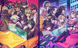  6+boys 6+girls ahoge akamatsu_kaede amami_rantaro android antenna_hair black_boots black_choker black_gloves black_hair black_hat black_headdress black_shirt blonde_hair blue_hair blush blush_stickers boots breast_pocket brown_hair brown_jacket bug butterfly buttons car chabashira_tenko chain checkered_clothes checkered_scarf choker closed_eyes closed_mouth collared_shirt commentary_request danganronpa_(series) danganronpa_v3:_killing_harmony dark-skinned_female dark_skin driving drooling eyelashes facial_hair fingerless_gloves glasses gloves goatee goggles goggles_on_head gokuhara_gonta green_eyes green_hair green_hat green_ribbon grey_eyes grey_hair hair_ornament hair_ribbon hairband hand_on_own_face harukawa_maki hat high_heel_boots high_heels highres holding holding_map holding_opera_glasses hoshi_ryoma iruma_miu jacket jewelry k1-b0 long_hair long_sleeves lower_teeth_only map mask momota_kaito motor_vehicle mouth_drool mouth_mask multiple_boys multiple_girls musical_note musical_note_hair_ornament necklace necktie nota_sayaka oma_kokichi open_clothes open_jacket open_mouth opera_glasses own_hands_together palm_tree pink_serafuku pink_shirt pink_skirt pocket purple_hairband red_eyes red_hair ribbon round_eyewear saihara_shuichi sailor_collar scarf school_uniform serafuku shinguji_korekiyo shirogane_tsumugi shirt short_hair skirt smile split_screen striped_clothes striped_shirt sweatdrop teeth thigh_strap tojo_kirumi tree upper_teeth_only vertical-striped_clothes vertical-striped_shirt violet_eyes white_hair white_sailor_collar white_shirt witch_hat yellow_jacket yonaga_angie yumeno_himiko zipper 