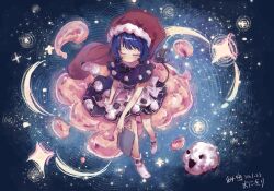  1girl apron back_bow black_capelet black_skirt blue_background blue_hair blush book bow capelet closed_eyes closed_mouth colored_eyelashes commentary_request doremy_sweet from_above fur-trimmed_headwear fur_trim hat highres himitsu_onigiri holding holding_book light_particles nightcap open_book pom_pom_(clothes) ripples sheep short_hair sitting skirt socks solo sparkle tail tapir_girl tapir_tail touhou white_apron white_bow white_socks 