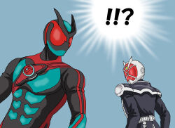 !? 2boys blue_background bodysuit commentary_request helmet highres in-franchise_crossover kamen_rider kamen_rider_wizard kamen_rider_wizard_(series) kamen_rider_zeztz kamen_rider_zeztz_(series) male_focus multiple_boys red_eyes rider_belt shideboo_(shideboh) simple_background tokusatsu upper_body