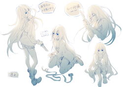  1girl ankle_boots bag bandages blue_eyes blush boots highres holding holding_knife jacket knife long_hair looking_at_viewer multiple_views rachel_gardner satsuriku_no_tenshi shirt shorts shoulder_bag simple_background sitting speech_bubble spot_color striped_clothes striped_shirt tidsean translation_request wariza white_background 