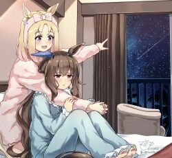  2girls absurdres admire_vega_(umamusume) alternate_costume animal_ears balcony bed blonde_hair blue_pajamas blush bow bow_headband breasts brown_hair chair comiket_106 curtains ear_covers ear_ornament earrings gradient_eyes hair_between_eyes headband highres hiro5000_tama horse_ears horse_girl horse_tail indoors jewelry long_hair long_sleeves medium_hair multicolored_eyes multiple_girls narita_top_road_(umamusume) night night_sky open_mouth pajamas pink_bow pink_headband pink_pajamas shooting_star single_ear_cover single_earring sky sliding_doors smile star_(sky) star_(symbol) tail umamusume violet_eyes yuri 