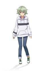  1girl anime_coloring blue_pants breasts closed_mouth collarbone crossed_bangs cue! denim flipped_hair full_body green_hair green_shoes hair_between_eyes highres hood hood_down hoodie jeans kano_shiho long_sleeves looking_at_viewer official_art open_hands pants pants_rolled_up shoes simple_background small_breasts solo standing striped_clothes striped_hoodie tachi-e taniguchi_motohiro transparent_background tsurime two-tone_hoodie white_hood white_hoodie 