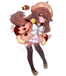  1girl artist_name bird black_thighhighs blush bow brown_eyes brown_hair brown_shoes clip_studio_paint_(medium) commentary covering_own_mouth dated deviantart_logo deviantart_username dress english_commentary eyelashes hat highres jacket long_hair original pink_hat pink_jacket shoes simple_background smile solo temachii temachii_(character) thigh-highs watermark web_address white_background white_bow white_dress 