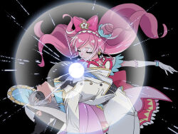  1boy 1girl black_background black_bow black_pepper_(precure) bow brooch choker collared_shirt commentary cone_hair_bun cure_precious delicious_party_precure dress earrings energy_ball eye_mask frilled_dress frilled_gloves frills gloves grey_hair hair_bow hair_bun heart heart_brooch jacket jewelry long_hair magical_girl mask nagomi_yui pants pink_bow pink_choker pink_hair precure sekai_wo_kakumei_suru_chikara_wo shinada_takumi shioremon shirt short_hair shoujo_kakumei_utena two_side_up white_gloves white_jacket white_pants 