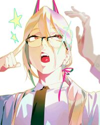  1girl absurdres arms_up black_necktie blonde_hair bow chainsaw_man collared_shirt cross-shaped_pupils demon_girl demon_horns finger_to_eye finger_to_face glasses gums gusamo hair_between_eyes hair_bow highres horns long_hair low_ponytail necktie open_mouth ponytail portrait power_(chainsaw_man) red_horns sharp_teeth shirt simple_background solo sparkle spoken_star star_(symbol) symbol-shaped_pupils teeth white_shirt yellow_eyes 