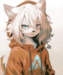  1girl animal_ear_fluff animal_ears blue_eyes body_fur commission dog_ears dog_tail drawstring frown furry furry_female hair_between_eyes highres hikimayu hood hood_up hoodie looking_at_viewer medium_hair messy_hair original red_hoodie signature solo tail tomochiso upper_body white_fur white_hair 