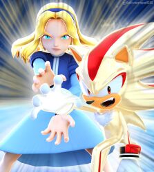  1boy 1girl 3d adverse56 animal_ears animal_nose artist_name blender_(medium) blonde_hair blue_dress blue_hairband body_fur bracelet dragon_ball dragon_ball_z dress father-son_kamehameha furry furry_male gloves green_eyes hairband hedgehog_boy highres inhibitor_rings jewelry kamehameha_(dragon_ball) long_hair long_sleeves maria_robotnik open_mouth red_eyes red_fur red_hair shadow_the_hedgehog short_tail sonic_(series) super_shadow tail two-tone_fur white_gloves yellow_fur 
