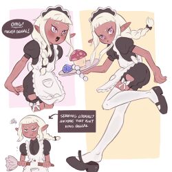  1boy anger_vein apron black_shorts blunt_bangs bow braid braided_ponytail breaking commentary crossdressing crossdressing_(mtf) dark-skinned_male dark_skin dungeon_meshi duster english_commentary english_text hair_bow highres holding holding_duster maid maid_apron maid_headdress male_focus male_maid michito_mochita open_mouth pointy_ears puffy_short_sleeves puffy_sleeves short_bangs short_sleeves shorts smile thigh-highs thistle_(dungeon_meshi) trap white_apron white_thighhighs 