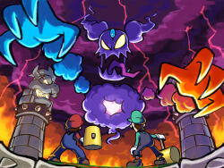  2boys big_nose blue_overalls boots boss_fight bowser_logo brothers brown_boots brown_hair cackletta cackletta_soul clouds cloudy_sky facial_hair fire gloves green_hat green_shirt hammer hat highres holding holding_hammer in-universe_location lightning luigi mario mario_&amp;_luigi:_superstar_saga mario_&amp;_luigi_rpg masanori_sato_(style) multiple_boys mustache newsboy_cap official_style overalls red_hat red_overalls red_shirt shirt short_hair siblings sky socks spikes striped_clothes striped_socks super_mario_bros. tongue tongue_out white_gloves yamari_(ya_mari_6363) 