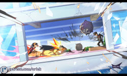  2boys artist_name backwards_hat black_hair clenched_hands commentary ethan_(pokemon) fire from_side hat jacket koffing letterboxed long_sleeves male_focus multiple_boys orlek patreon_logo pokemon pokemon_(creature) pokemon_gsc red_jacket shoes short_hair shorts team_rocket team_rocket_grunt team_rocket_uniform typhlosion watermark web_address yellow_shorts 