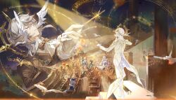  4boys 4girls ascot balloon bare_shoulders bird black_boots black_bow black_bowtie black_choker black_coat black_gloves black_hair black_pants black_shirt black_skirt blue_hat blue_jacket blue_skirt boots bow bowtie chair chinese_commentary choker clockie_(honkai:_star_rail) closed_eyes closed_mouth coat commentary_request conductor_baton dan_heng_(honkai:_star_rail) dan_heng_(hunt)_(honkai:_star_rail) detached_sleeves dove dress earrings feathered_wings formal_clothes glint gloves gold_earrings green_eyes green_jacket grey_hair grey_jacket hair_between_eyes hair_bow halo halo_behind_head hat head_wings highres himeko_(honkai:_star_rail) holding holding_balloon holding_baton honkai:_star_rail honkai_(series) indoors jacket jewelry locked_arms long_hair long_sleeves looking_at_another low_ponytail march_7th_(honkai:_star_rail) march_7th_(preservation)_(honkai:_star_rail) medium_hair misha_(honkai:_star_rail) multiple_boys multiple_girls musical_note musical_staff on_chair open_clothes open_jacket pants parted_lips piercing pink_hair pom-pom_(honkai:_star_rail) ponytail purple_choker purple_hair purple_sleeves qingming_tiaohetu red_hair robin_(honkai:_star_rail) shirt shoes short_hair short_sleeves sitting skirt smile spiked_halo standing stelle_(honkai:_star_rail) strapless strapless_dress sunday_(honkai:_star_rail) sunday_(star_rail_live_2025)_(honkai:_star_rail) tailcoat thigh_strap tied_jacket trailblazer_(honkai:_star_rail) welt_yang white_ascot white_bird white_dress white_gloves white_shirt white_wings wing_piercing wings 