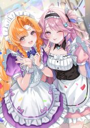  2girls ;p ahoge alternate_costume apron blue_hair blush braid braided_sidelocks breasts center_frills collarbone colored_inner_hair commentary_request confetti denia_(wuthering_waves) detached_collar dress enmaided finger_to_cheek flat_chest frilled_hairband frills green_eyes hair_ornament hairband hand_up highres indoors kuramoto_beta-carotene looking_at_viewer maid maid_headdress medium_breasts multicolored_hair multiple_girls one_eye_closed open_mouth orange_hair pink_dress pink_hair pointy_ears puffy_short_sleeves puffy_sleeves purple_dress short_sleeves sidelocks sigrika_(wuthering_waves) smile tongue tongue_out violet_eyes waving wuthering_waves 