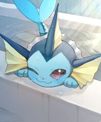  animal_focus bathtub blush closed_mouth commentary_request highres hokaimo_pkmn indoors no_humans one_eye_closed pokemon pokemon_(creature) pokemon_focus smile solo sunlight vaporeon violet_eyes water wet 