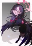  1girl absurdres arient5888 arm_behind_back armband bespectacled black_choker black_hair black_serafuku black_shirt black_socks black_wings blue_archive blue_eyes chinese_commentary choker closed_mouth commentary_request feathered_wings glasses hair_ornament hairclip halo highres ichika_(blue_archive) kneehighs leaning_forward loafers long_hair looking_at_viewer neckerchief pink_halo red_armband red_neckerchief sailor_collar school_uniform serafuku shirt shoes socks solo standing standing_on_one_leg swept_bangs wings 