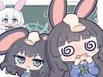  3girls @_@ animal_ears aqua_eyes black_hair blue_archive blue_shirt chibi commentary disembodied_limb green_neckerchief grey_halo halo hand_on_another&#039;s_head hands_up headpat long_hair long_sleeves looking_at_viewer miyako_(blue_archive) miyu_(blue_archive) multiple_girls neckerchief no_nose open_mouth rabbit_ears raised_eyebrows sailor_collar saki_(blue_archive) shirt side_ponytail umihio upper_body violet_eyes white_sailor_collar 