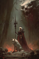  1girl absurdres armor bat_(animal) breastplate breasts cape demon_horns gauntlets giant_skull highres holding holding_polearm holding_weapon horns large_breasts leg_armor long_hair looking_at_viewer muratgul necromancer original pelvic_curtain pile_of_skulls polearm shoulder_armor skull spear underbust weapon white_fur white_hair white_wolf wolf 