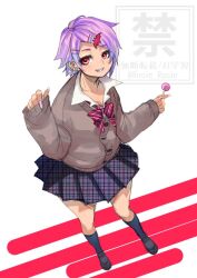  1girl alternate_costume bat_hair_ornament black_shoes black_socks blue_skirt blush bow brown_cardigan candy cardigan collared_shirt darkstalkers diagonal-striped_bow ear_piercing english_commentary fake_nails fingernails food full_body gradient_hair grin gyaru hair_ornament hairclip holding holding_candy holding_food holding_lollipop kneehighs kogal lilith_(darkstalkers) loafers lollipop long_fingernails looking_at_viewer multicolored_hair piercing pink_nails plaid_clothes plaid_skirt pleated_skirt purple_hair red_bow red_eyes rosie_rosie shirt shoes short_hair simple_background skirt sleeves_past_wrists smile socks solo striped_bow watermark white_shirt 