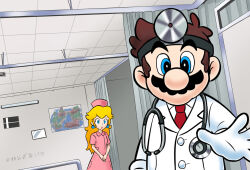  1boy 1girl blonde_hair blue_eyes brown_hair dr._mario dr._mario_(game) dress earrings gloves hat highres hospital indoors jewelry lab_coat long_hair looking_at_viewer mario meme metal_gear_(series) metal_gear_solid_v:_the_phantom_pain necktie nine_years_in_a_coma_(meme) nurse_cap nurse_peach pink_dress princess_peach red_necktie short_hair sphere_earrings stethoscope super_mario_bros. white_gloves yamari_(ya_mari_6363) 