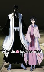 1boy 1girl antatica11 arms_at_sides black_hair black_hakama black_kimono bleach closed_mouth commentary couple double-parted_bangs english_commentary english_text flipped_hair full_body hair_between_eyes hakama hand_up haori hetero highres japanese_clothes kimono kuchiki_byakuya kuchiki_hisana long_hair long_sleeves looking_at_viewer medium_hair meme night outdoors pink_kimono red_sash sash shaded_face side-by-side smile standing tabi taichou_haori tsurime v-shaped_eyebrows white_sash why_dis_ninja_look_so_mad_(meme) wide_sleeves 