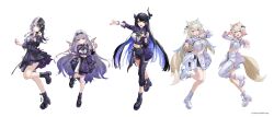  5girls absurdres animal_ears asymmetrical_clothes asymmetrical_horns bandaid bandaid_hair_ornament black_boots black_hair black_pants black_skirt blonde_hair blue_eyes blue_hair blue_hairband boots center-flap_bangs collared_shirt colored_inner_hair commentary_request copyright_notice cropped_shirt crossed_bangs crystal_wings detached_sleeves detached_wings dog_ears dog_girl dog_tail double-parted_bangs double_halo flower full_body fuwawa_abyssgard gem grey_hair hair_between_eyes hair_flaps hair_intakes hair_ornament hairband hairclip halo heterochromia highres holoadvent hololive hololive_english hololive_idol_uniform_(color_rise) horn_flower horn_hairband horns idol idol_clothes jewel_under_eye koseki_bijou lace-up_boots long_hair low-tied_long_hair matsuura_kento metal_wings midriff mococo_abyssgard mole mole_under_eye multicolored_hair multiple_girls nerissa_ravencroft official_alternate_costume official_art pants pink_eyes pink_hair pink_hairband platform_boots pointy_ears puffy_detached_sleeves puffy_short_sleeves puffy_sleeves purple_gemstone purple_hair red_eyes red_hair shiori_novella shirt short_hair short_sleeves siblings sidelocks simple_background single_detached_sleeve single_pantsleg single_sleeve sisters skirt split-color_hair star_halo streaked_hair tail thigh_strap twins two_side_up uneven_horns very_long_hair violet_eyes virtual_youtuber white_background white_boots white_pants white_skirt wings x_hair_ornament yellow_eyes 