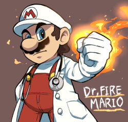  1boy blue_eyes brown_background brown_hair closed_mouth cowboy_shot dr._fire_mario dr._mario dr._mario_(game) dr._mario_world english_text facial_hair fire fire_mario gloves hat long_sleeves looking_at_viewer male_focus mario mustache newsboy_cap overalls pyrokinesis red_overalls shirt short_hair simple_background stethoscope super_mario_bros. white_gloves white_shirt yamari_(ya_mari_6363) 