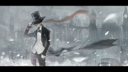  1boy 2012 artist_name black_bow black_bowtie black_car black_pants bow bowtie bridge broken_umbrella building car chinese_commentary city clock clock_tower clouds cloudy_sky dated fence flower gloves grave grey_hair hand_on_headwear hat hat_over_eyes headlight_beam highres holding holding_umbrella initial iron_fence landscape lantern letterboxed motor_vehicle original pants partially_shaded_face petals rain red_scarf rose scarf scenery shirt sky smile solo tombstone top_hat tower tuxedo tuxedo_shirt typhoon umbrella white_flower white_gloves white_rose white_shirt wind yuushoku 