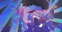  2girls arm_guards ascot black_collar black_thighhighs blue_eyes blue_hair blue_sash blue_skirt blue_vest braid breaking clock collar crystal english_commentary fang frilled_hairband frills fur-trimmed_collar fur_trim green_ribbon grey_hair hairband hand_on_another's_waist hand_up highres holding holding_pocket_watch izayoi_sakuya jacket knife looking_at_another medium_hair multiple_girls parted_lips pocket_watch profile purple_jacket purple_shirt red_ascot red_eyes red_hairband red_ribbon remilia_scarlet ribbon sash shirt skirt thigh-highs touhou twin_braids vest watch white_shirt xiuchundao 