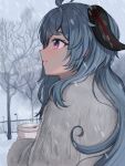  1girl alternate_costume blue_hair cup ganyu_(genshin_impact) genshin_impact goat_horns highres holding holding_cup horns jacket long_hair smile snow solo vickie_(cryingrobot) violet_eyes white_jacket winter 