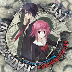  1boy 1girl album_cover blue_eyes blue_hair chaos;child cover cropped_jacket floating_neckwear glasses hekiho_academy_school_uniform highres jacket long_sleeves looking_at_viewer miyashiro_takuru necktie official_art onoe_serika pink_eyes pink_hair red_necktie sailor_collar sasaki_mutsumi school_emblem school_uniform science_adventure short_hair short_hair_with_long_locks smile white_sailor_collar white_trim 