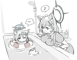  ahoge animal_ear_fluff animal_ears bath bathing bathtub black_halo blue_archive blue_eyes breasts broken_halo chibi closed_eyes cross cross_hair_ornament dark_halo extra_ears grey_hair hair_ornament halo inverted_cross large_breasts lifebuoy long_hair momomatang musical_note peroro_(blue_archive) shiroko_(blue_archive) shiroko_terror_(blue_archive) spoken_blush spoken_musical_note swim_ring wolf_ears wolf_girl 