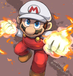  1boy blue_eyes boots brown_boots brown_hair clenched_hands closed_mouth dated facial_hair fire fire_mario gloves hat long_sleeves looking_at_viewer male_focus mario newsboy_cap overalls red_overalls shirt short_hair simple_background super_mario_bros. twitter_username white_gloves white_hat white_shirt yamari_(ya_mari_6363) 