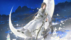  1boy bead_bracelet beads black_hair black_robe black_shoes bracelet bug butterfly candle candlestand chinese_clothes chinese_commentary closed_mouth crescent_moon earrings expressionless facial_mark fishnets floral_print flower flower_ornament forehead_mark full_body green_sash green_shawl hair_ornament hanfu head_chain highres holding_candlestand jewelry leaf_hair_ornament lily_(flower) lily_print long_hair long_sleeves looking_to_the_side male_focus midair moon mountainous_horizon night on_crescent on_moon orange_lips original outdoors parted_bangs river robe sash see-through_clothes see-through_shawl shawl shoes sidelocks sitting sky solo star_(sky) starry_sky two-tone_robe very_long_hair water watermark weibo_watermark white_butterfly white_flower white_hanfu white_lily white_robe wide_sleeves yellow_eyes yimaoxun 