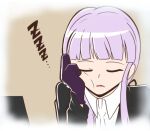  1girl black_jacket brown_background closed_eyes collared_shirt danganronpa_(series) danganronpa_3_(anime) gloves hand_on_own_cheek hand_on_own_face hand_up jacket kirigiri_kyoko long_hair official_alternate_costume open_clothes open_jacket parted_lips pink_hair purple_gloves rubixkun_(capnii) shirt sleeping white_shirt zzz 