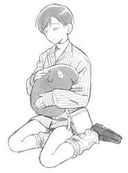  1girl bag collared_shirt full_body futsuu_no_keion-bu greyscale hair_ornament hairpin highres holding holding_stuffed_toy kouyama_rin light_smile loafers loose_socks monochrome parted_bangs pixie_cut rra_(yj) self-doubt_animal_(futsuu_no_keion-bu) shirt shoes short_hair shoulder_bag simple_background sitting sleeves_past_wrists socks solo striped_clothes striped_shirt stuffed_animal stuffed_toy turtleneck vertical-striped_clothes vertical-striped_shirt white_background yokozuwari 