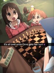  5girls :d absurdres azumanga_daioh azumanga_daioh's_school_uniform blonde_hair blue_bow board_game bow brown_eyes brown_hair chess chess_clock chess_piece cirno cloudykeyz commentary crossover dappled_sunlight english_commentary english_text hair_bow highres kasuga_ayumu long_hair looking_at_another mihama_chiyo multiple_girls open_mouth outdoors pink_shirt school_uniform shirt smile snapchat sunlight tanizaki_yukari touhou twintails upper_body yakumo_yukari 