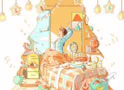  1girl analog_clock aqua_pajamas arms_up bed bedroom blanket border brown_hair chest_of_drawers christmas christmas_ornaments clock closed_eyes coffee coffee_mug commentary_request cookie cup flower food highres lamp laundry_basket long_hair messy_room mirror morning mug on_bed open_mouth orange_slippers original pajamas pillow print_pajamas shelf shoes sideways_mouth sitting sleigh slippers solo star_(symbol) steaming_food stretching string_of_light_bulbs stuffed_animal stuffed_toy unworn_shoes vase waking_up warm_colored white_border window yasi_irasuto yellow_flower 