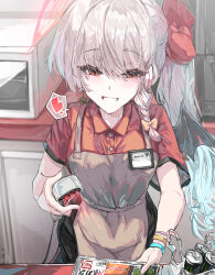  1girl absurdres apron bag barcode_scanner black_wings blue_archive bow braid breasts buttons collared_shirt commentary_request convenience_store demon_wings employee_uniform energy_drink grey_apron grey_hair grin hair_between_eyes hair_bow halo haruna_(blue_archive) heart highres holding holding_barcode_scanner holding_bento id_card long_hair looking_at_viewer microwave monster_energy plastic_bag polo_shirt red_eyes red_halo red_shirt shirt shop short_sleeves single_wing smile solo spoken_heart sunnysideup wings yellow_bow 