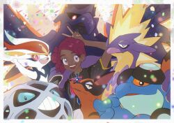  1girl :d arm_up artist_name black_sclera black_shirt border bright_pupils champion_uniform cinderace colored_sclera commentary commission confetti corviknight dark-skinned_female dark_skin english_commentary eyelashes fingernails glalie highres km92 open_mouth orange_eyes pokemon pokemon_(creature) pokemon_swsh red_hair seismitoad shirt short_sleeves smile teeth thievul tongue tongue_out toxtricity toxtricity_(amped) upper_teeth_only v violet_eyes white_border white_pupils 