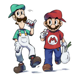  2boys alternate_costume backwards_hat bag belt black_eyes blue_pants boots brothers brown_belt brown_boots brown_hair candy chocolate chocolate_bar denim eating facial_hair food gloves green_hat green_shirt hat highres holding holding_candy holding_food holding_lollipop jeans lollipop luigi male_focus mario masanori_sato_(style) multiple_boys mustache newsboy_cap overalls pants red_hat red_shirt red_socks shirt shopping_bag short_hair short_sleeves siblings simple_background socks striped_clothes striped_socks super_mario_bros. walking white_background white_gloves white_overalls white_socks yamari_(ya_mari_6363) 