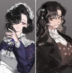  2girls apron black_coat black_hair black_ribbon blanket braces brown_eyes coat dress grey_background grin hair_over_one_eye hand_up holding holding_blanket ing_(ing205509) jewelry long_hair looking_at_viewer maid maid_headdress multiple_girls neck_ribbon necklace one_eye_covered purple_dress red_dress reverse:1999 ribbon shirt short_hair smile swaddled tooth_fairy_(reverse:1999) tooth_necklace tuesday_(reverse:1999) violet_eyes white_apron white_shirt 