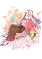  1girl absurdres blue_fire branch brown_eyes brown_hair brown_hakama brown_sandals closed_mouth fire flower fox_mask full_body goom_(goomyparty) hakama hakama_skirt highres japanese_clothes kimono long_sleeves mask mask_on_head multicolored_hair open_clothes original pink_hair sandals simple_background skirt smile socks solo streaked_hair tabi two-tone_hair white_background white_flower white_kimono white_socks wide_sleeves zouri 