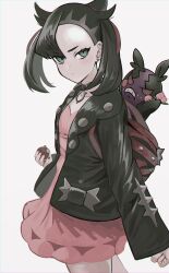  1girl absurdres arisugawa_bii asymmetrical_bangs backpack bag black_choker black_hair black_jacket black_nails choker dress earrings green_eyes hair_ribbon highres holding holding_poke_ball jacket jewelry marnie_(pokemon) morpeko morpeko_(hangry) on_shoulder pink_dress poke_ball poke_ball_(basic) pokemon pokemon_(creature) pokemon_on_shoulder pokemon_swsh red_bag ribbon simple_background stud_earrings twintails undercut white_background 