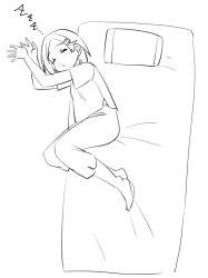  1girl barefoot commentary_request full_body futon greyscale hair_ornament hairclip kantai_collection kuroshio_(kancolle) lineart monochrome o3o pajamas pillow short_hair solo tamu_(mad_works) zzz 
